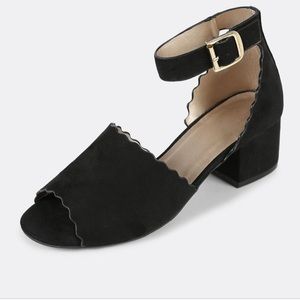 Qupid Black scalloped ankle strap mini block heels